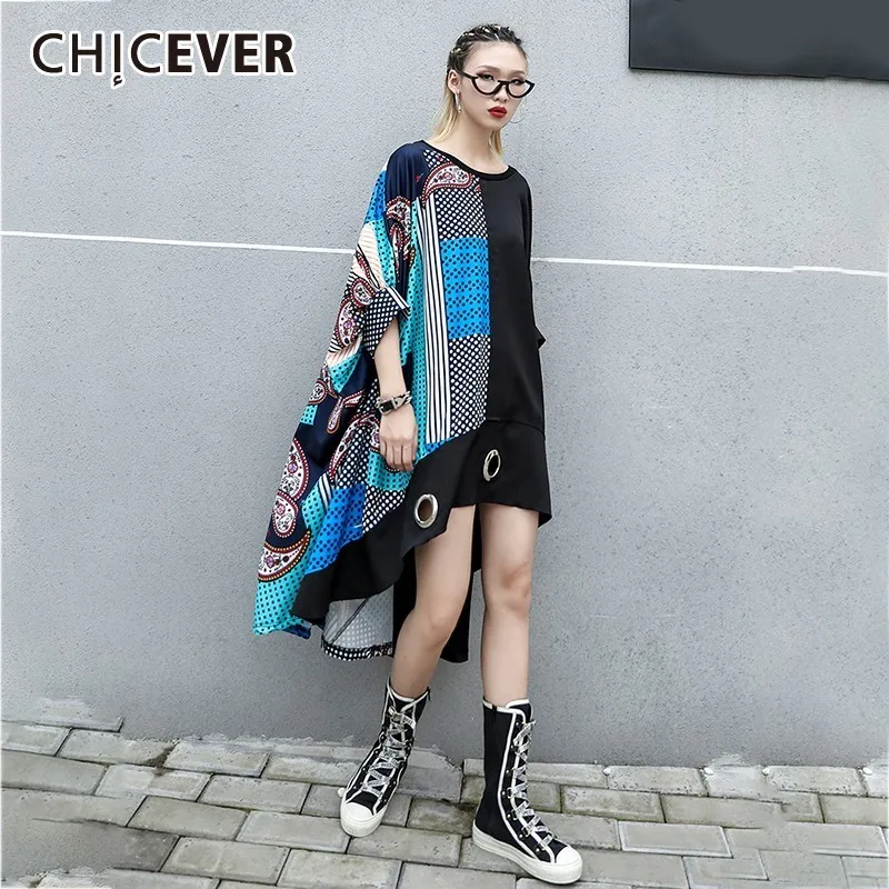 Женское асимметричное платье CHICEVER весеннее лоскутное в горошек с круглым