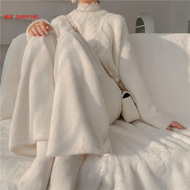 

Harajuku Winter Soft Mink Wide Leg Pants Women Thick Warm High Waist White Pants Sweet Casual Pants Loose Trousers Korean Kawaii