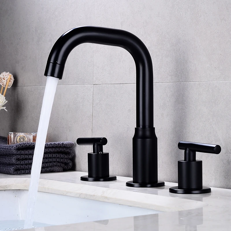 bathroom basin faucet deck mounted double handle faucet matt black basin mixer hot cold shower room sink faucet 3 hole tub tap free global shipping