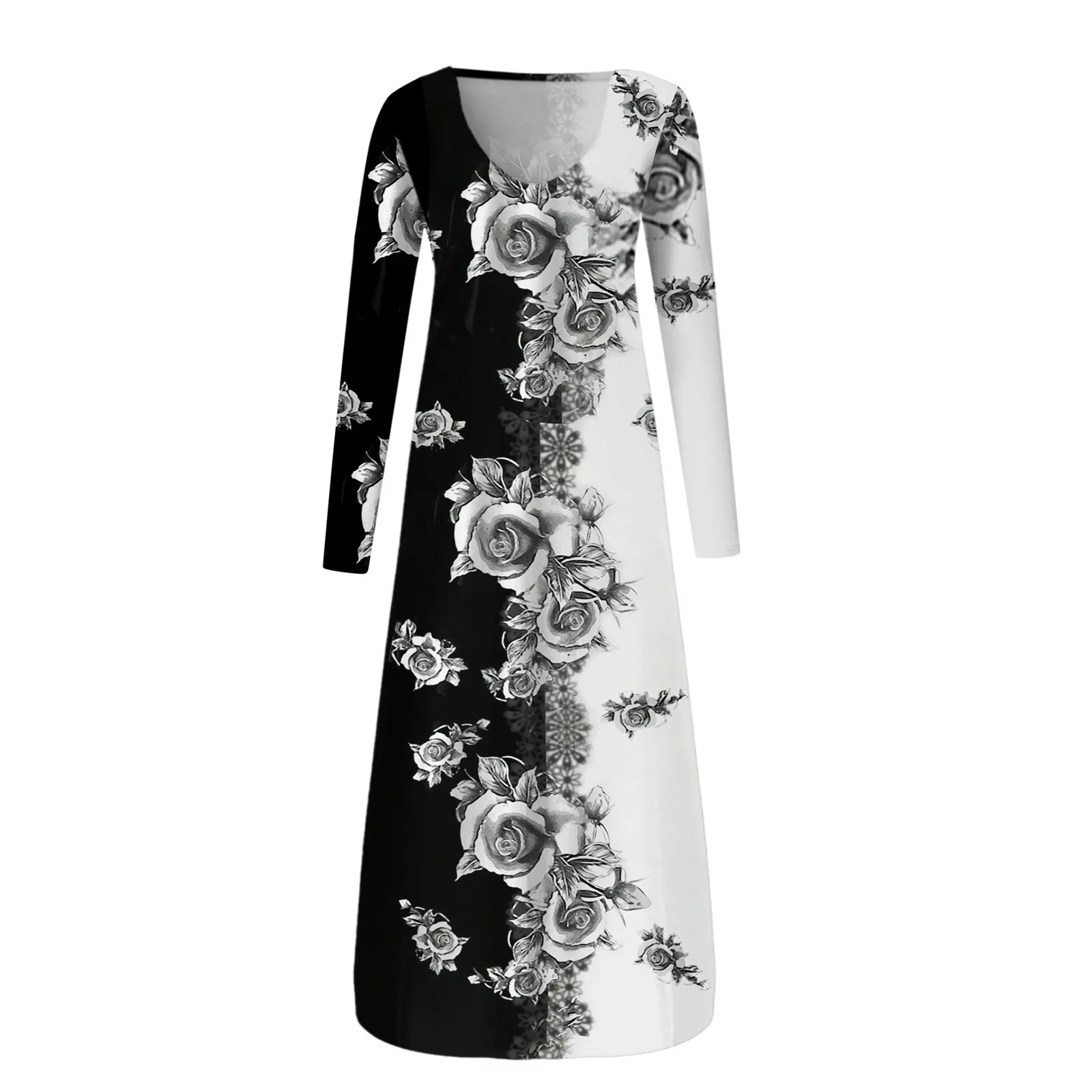 

Plus Size Women's Summer Sundress Bohemian Floral Dress Casual Long Sleeve Printed Maxi Vestidos Female V Neck Robe