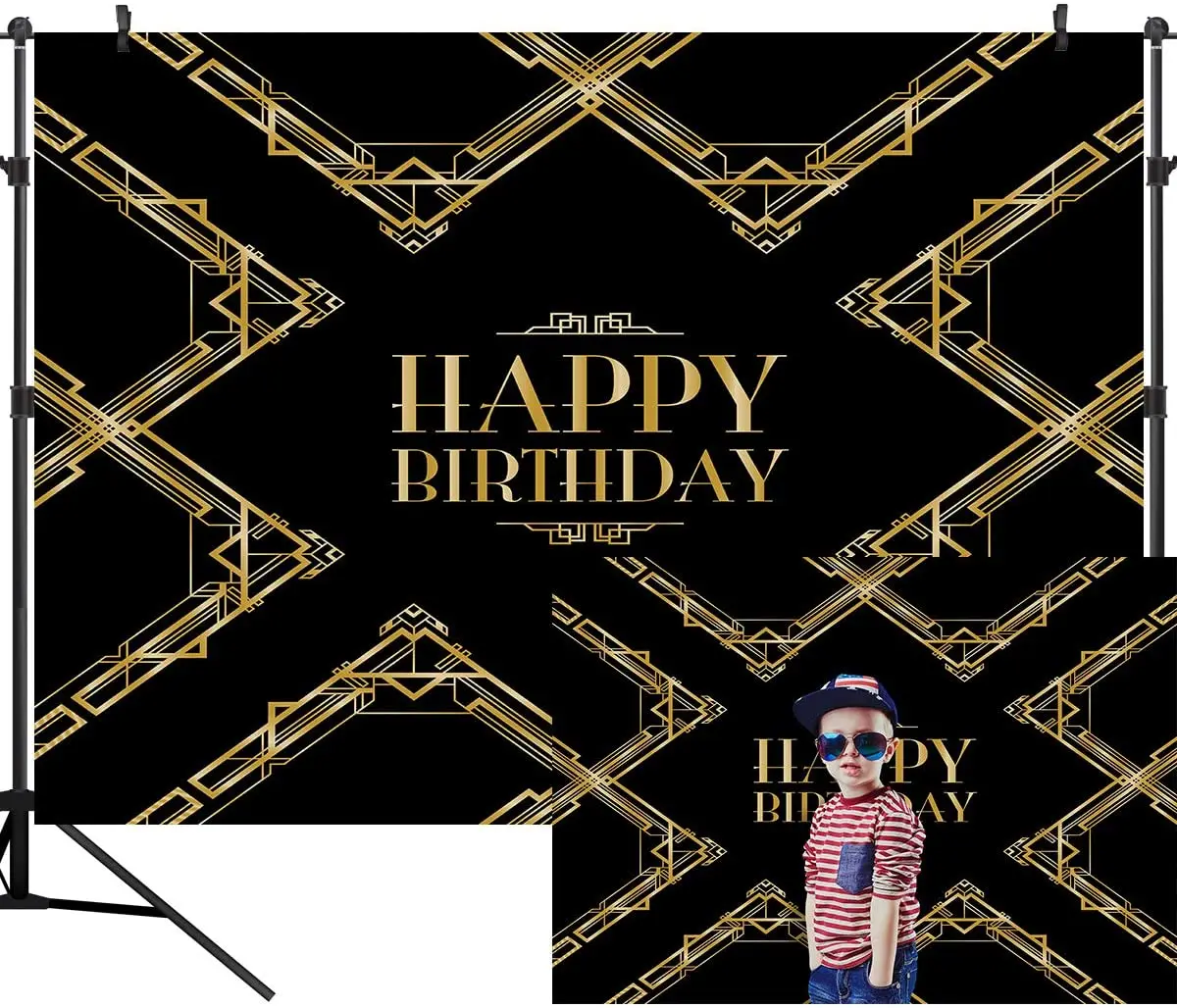 

Happy Birthday Party Backdrop Black and Gold Birthday Theme Photo Background Baby Shower Party Decoration Photo Studio Props