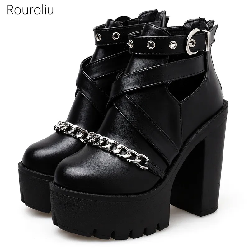 

2021 Sexy Thick High Heel Metal Chain Back Zipper Ankle Boots Women Spring Autumn Platform Buckle Strap Casual Shoes