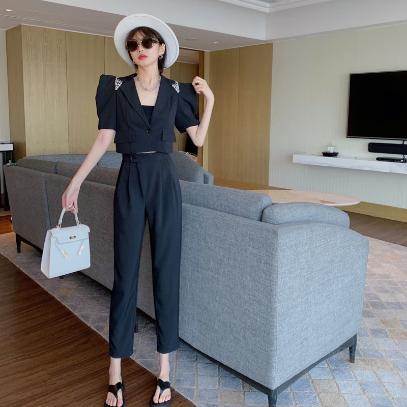 

Office Lady Heavy Industry Embroidery Flares Short Suit Shoulder Pad Jacket + High Waist Trousers Female Summer Style Suit Sets