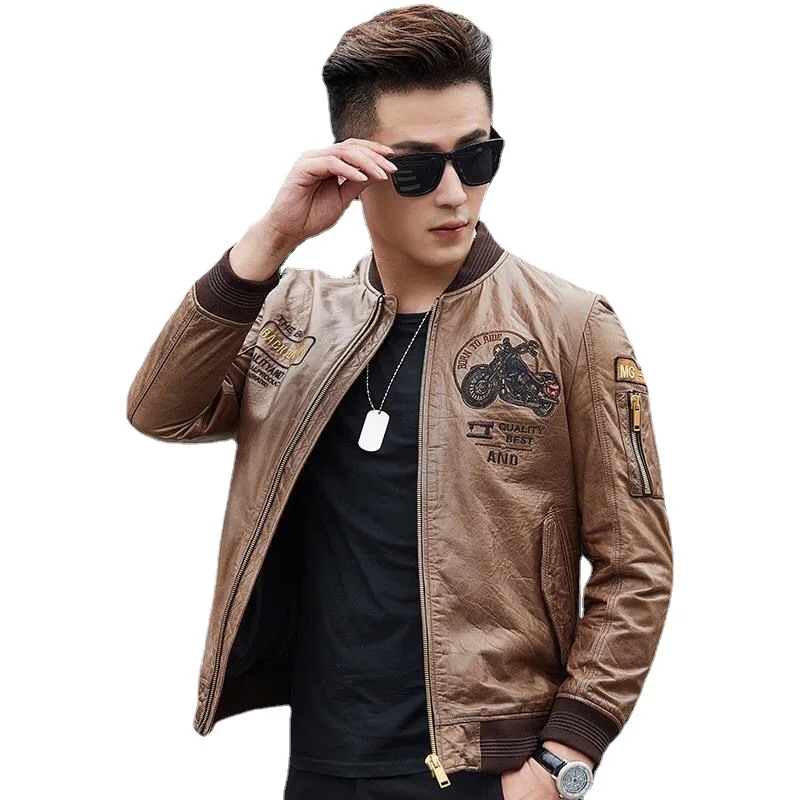 

Haining leather jacket new leather jacket men's slim fit men's coat wax sheepskin youth motorcycle leather coat