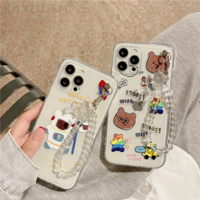 

Cute Bear Bracelet Phone Case For iPhone 12 mini 11 Pro Max X XR XS Max 7 8 Plus SE 2020 Graffiti Cartoon Funda Soft Clear Cover
