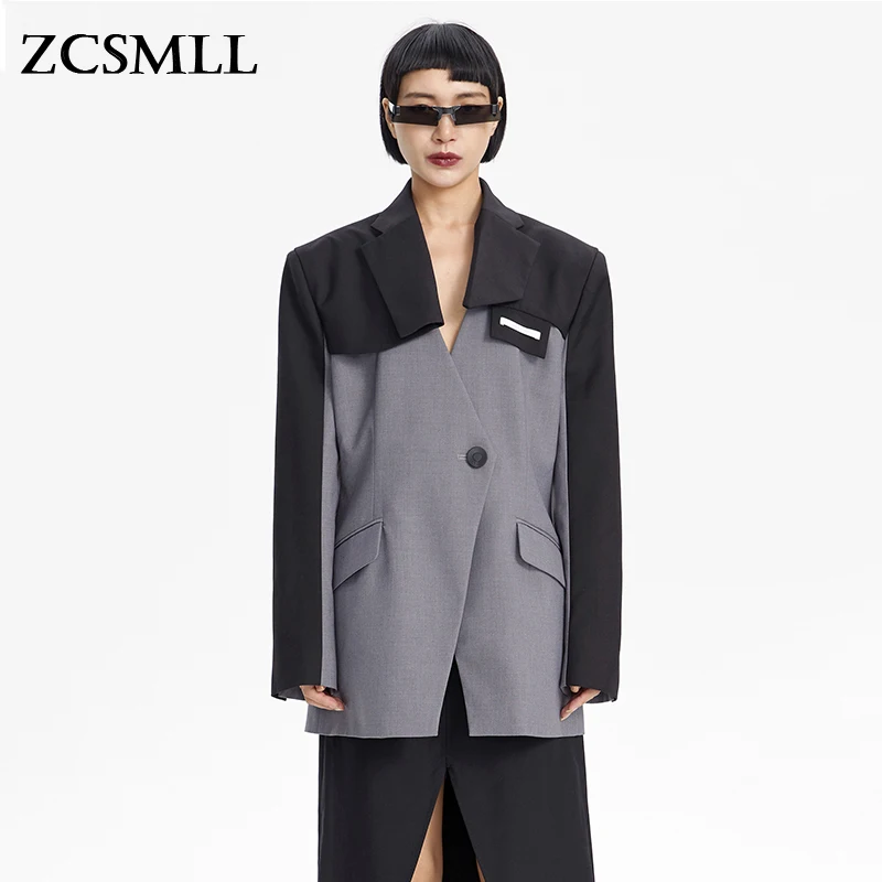 

ZCSMLL Women Gray Color-block Irregular Blazer New Lapel Long Sleeve Loose Fit Jacket Fashion Tide Spring Autumn 2021 TH1021