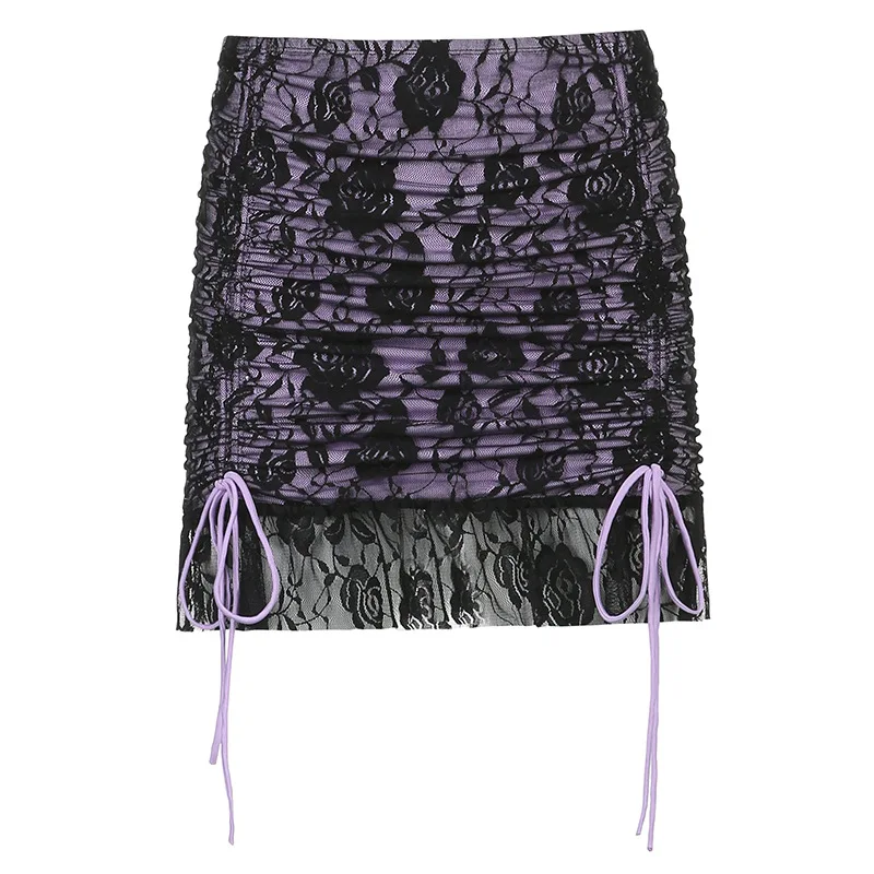 

2021 Summer New Double Lace Sexy A-line Purple Skirt Female Bottoming Solid Color Print Skirts Women Korean Y2k Indie Aesthetic