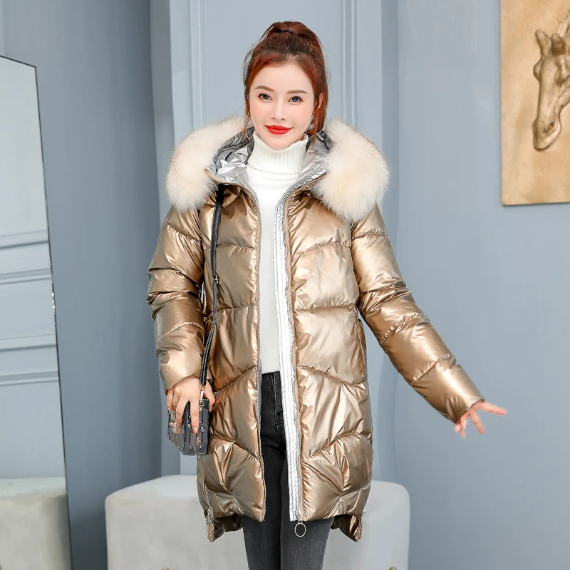 

Куртка женская однотонная с капюшоном, Повседневная утепленная Свободная куртка с мехом, блестящая стеганая хлопковая парка, зима