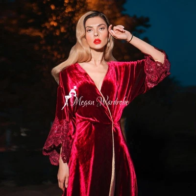 

Sexy Burgundy Soft Velvet Long Women Evening Dresses robe Lace Wrist Sleeves Mid-Calf Length Cocktail Party Dress Custom Made