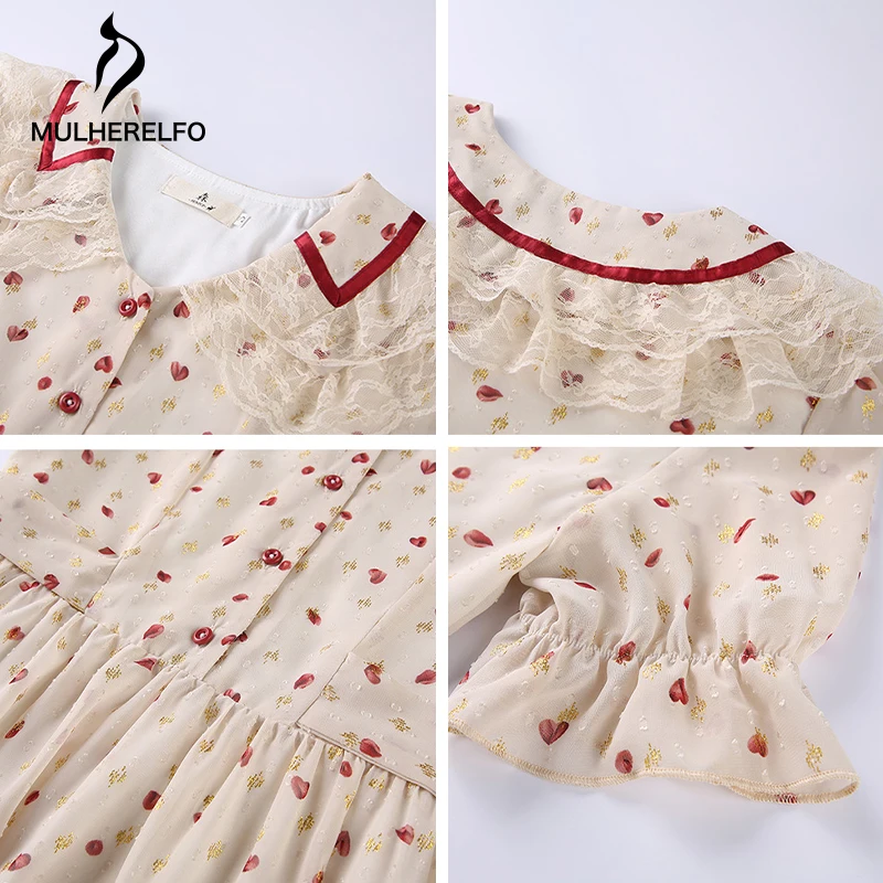 

Lovely Lace Peter Pan Collar Women's Dresses Apricot Loose Printing Vintage Female Dresses Harajuku Casual Button A-Line Dress