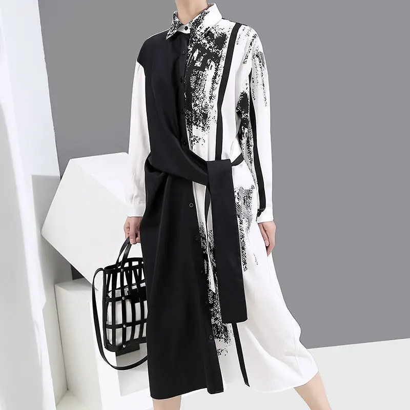 

New Hong Kong Style Retro 2021 Women's Autumn Loose Shirt Dress Women's Waist Slimming Mid-length Long-sleeved Dress W25