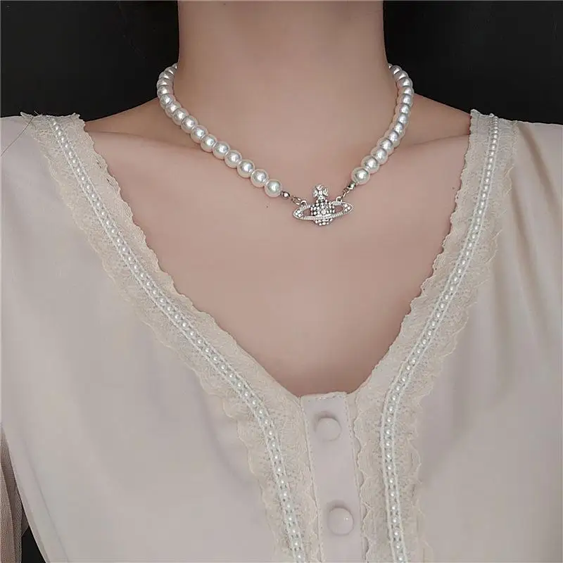 

Fashion Pearl Necklace Planet Pendant Choker Necklace For Women Girls Korean Personality Flash Diamond Clavicle Necklace