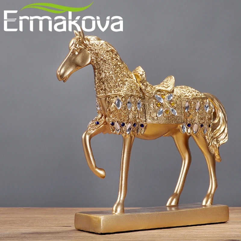 

ERMAKOVA Resin Golden Trotting Horse Statue Animal Sculpture Horse Figurine Miniature Home Office Decor