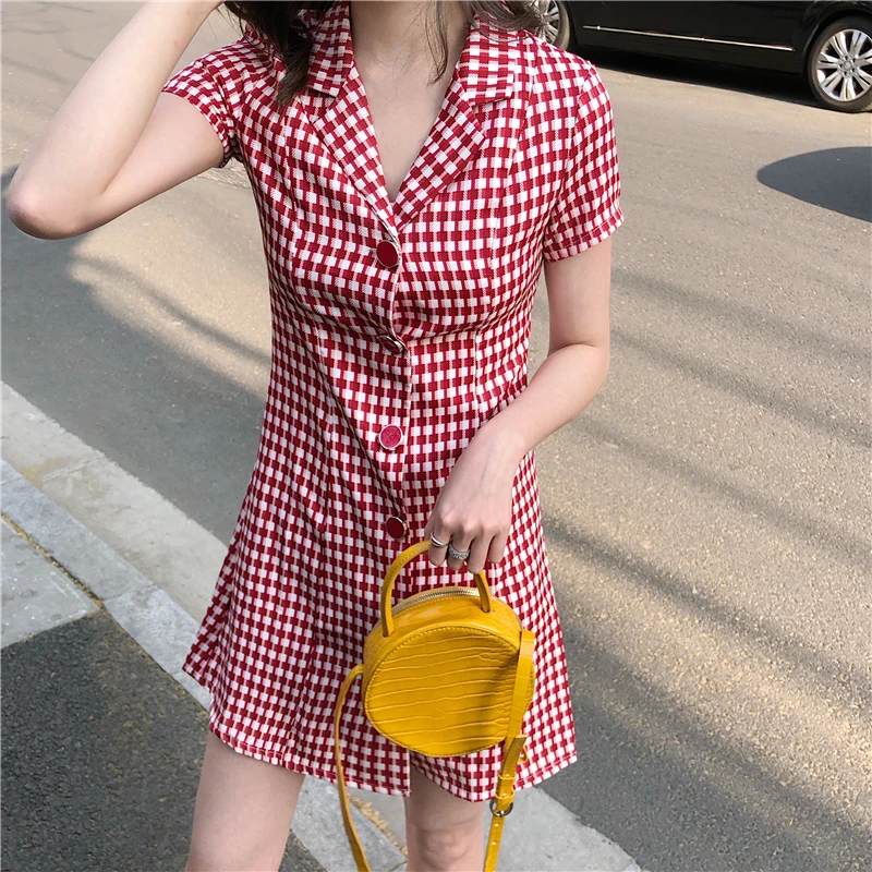 New Women Harajuku Vintage Turn-Down Collar Short Sleeve Single-Breasted Red/Black Plaided Dress Sexy Party Slim Dresses Vestido | Женская