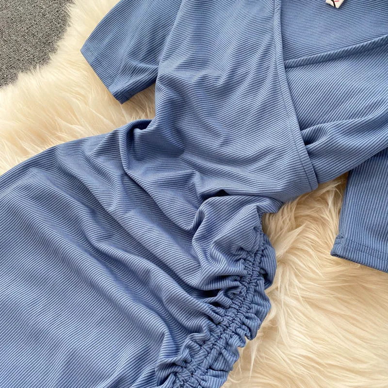 

Women's Summer Spring 2021 Draw String Fold Slim Fit Fashion Dress Split V Neck Short Sleeve High Waist Ladies Dress