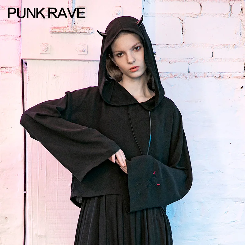 

Женская толстовка в стиле Панк RAVE, черная Повседневная Толстовка в готическом стиле с рогами дьявола, топы с длинным рукавом, женская одежда