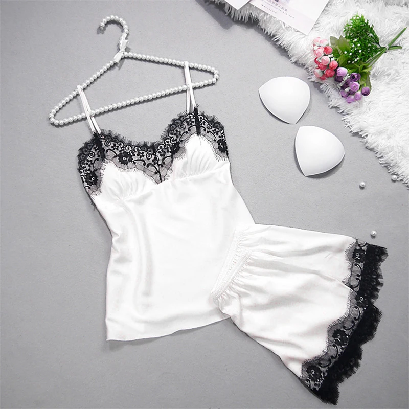 

Summer Women Sexy Sleepwear Sets Lace-up Padded Ladies Sling Pajamas+Short Sleepwear Set Lace Stitching Pajama For Women