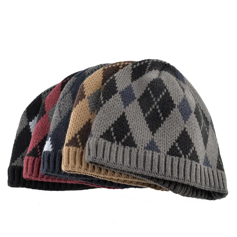 Мужские шапки облегающие вязаные клетчатые мужские зимние уличные толстые