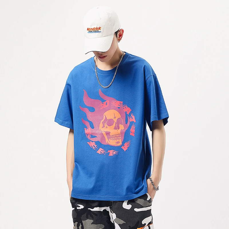 

2021 Summer Fashion New Men's Flame Skull Tide Brand 100% Pure Cotton Comfortable T-shirt Casual Printed Short Sleeve Top