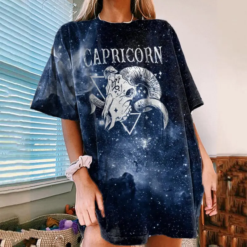 

Capricom Constellation Print T-shirts Woman Summer Star Sky Tie Dye Casual Loose Short Sleeve O Neck Harajuku Shirts Tee Tops