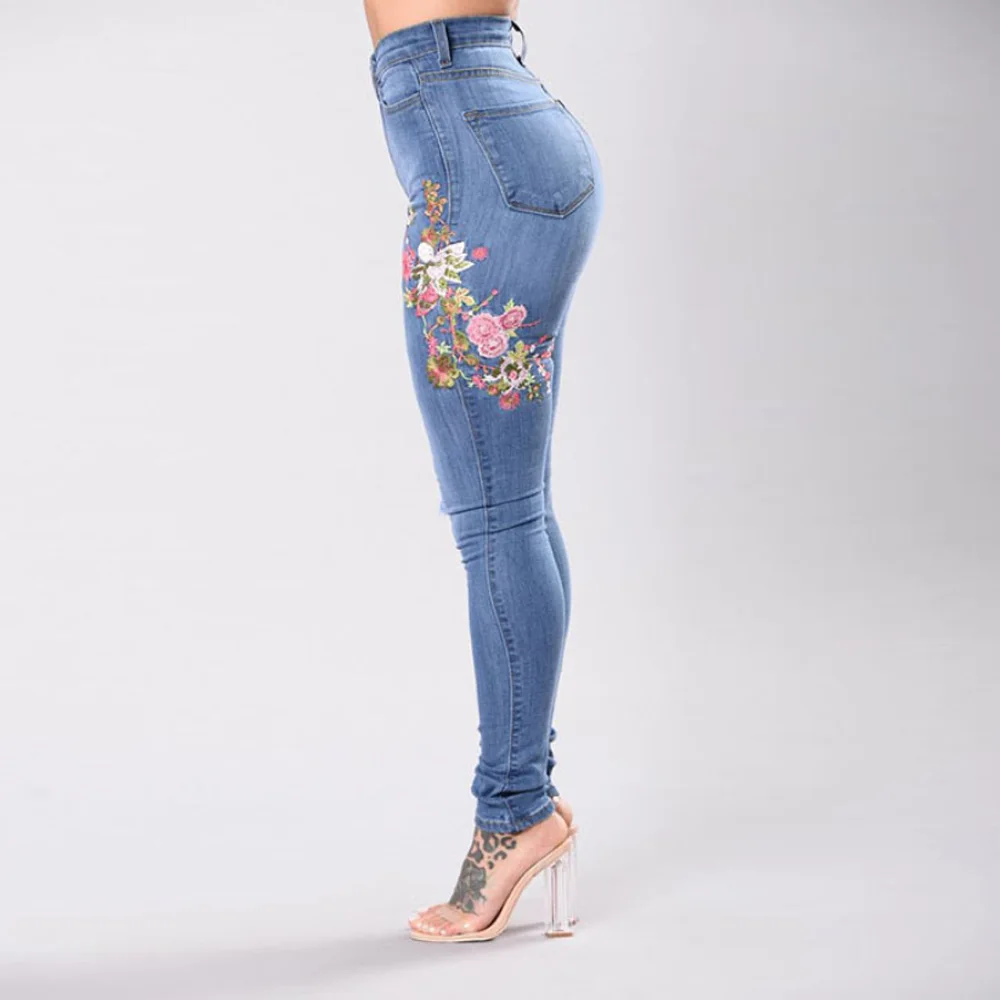 Женские эластичные джинсы с вышивкой Синие рваные джинсовые брюки узкие