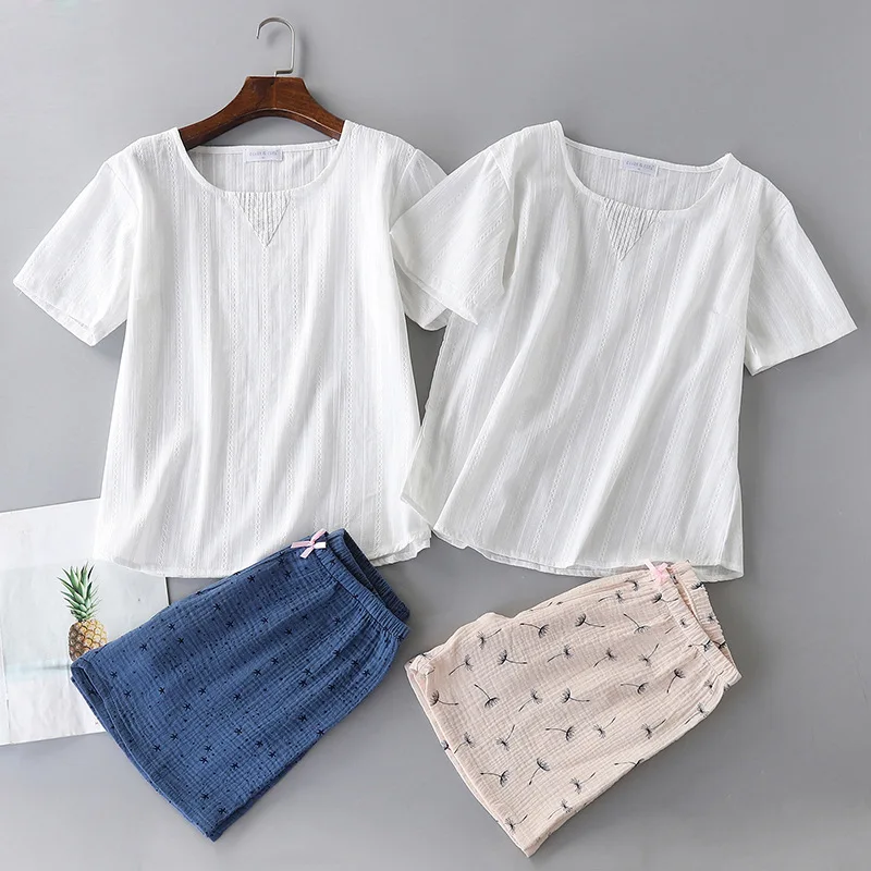 

Summer Women Cotton Hollow Pajamas Short-sleeved Gauze Shorts Home Service Suit Round Neck Print Pijama Simple Sleepwear Set