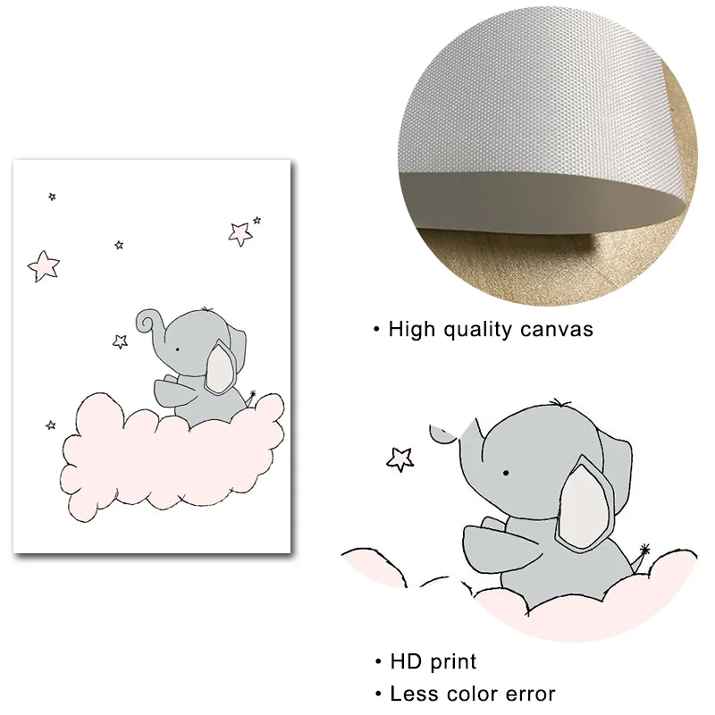 Принты для детской слон луна и звезды плакат холст картины цвета: розовый белый