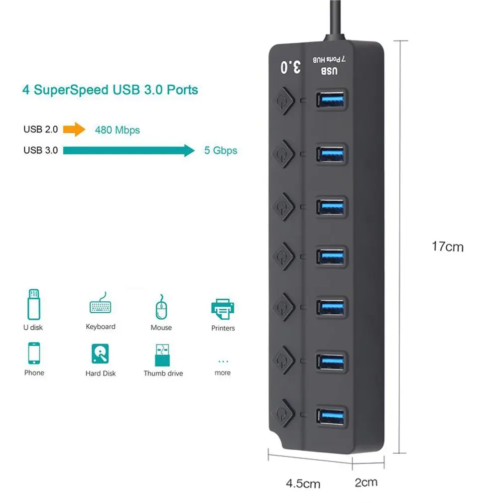 7 портов usb-хаб USB3.0 концентратор разветвитель вкл/выкл переключатель