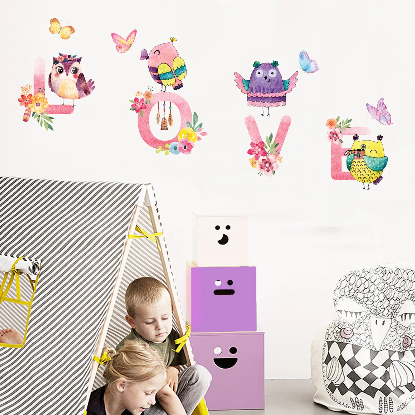 Наклейки на стену с совами цветными бабочками цветами домашнее украшение для