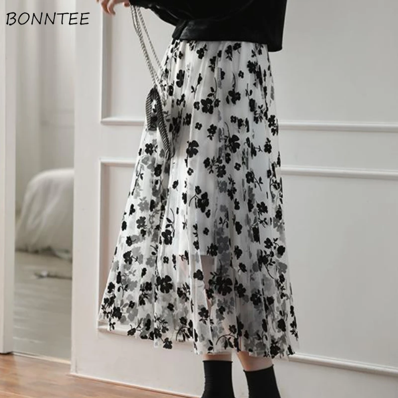 

Skirts Women Embroidery Empire Floral Casual Y2K Simple Kawaii Voile All-match Mujer Streetwear Vintage Spring Black Harajuku