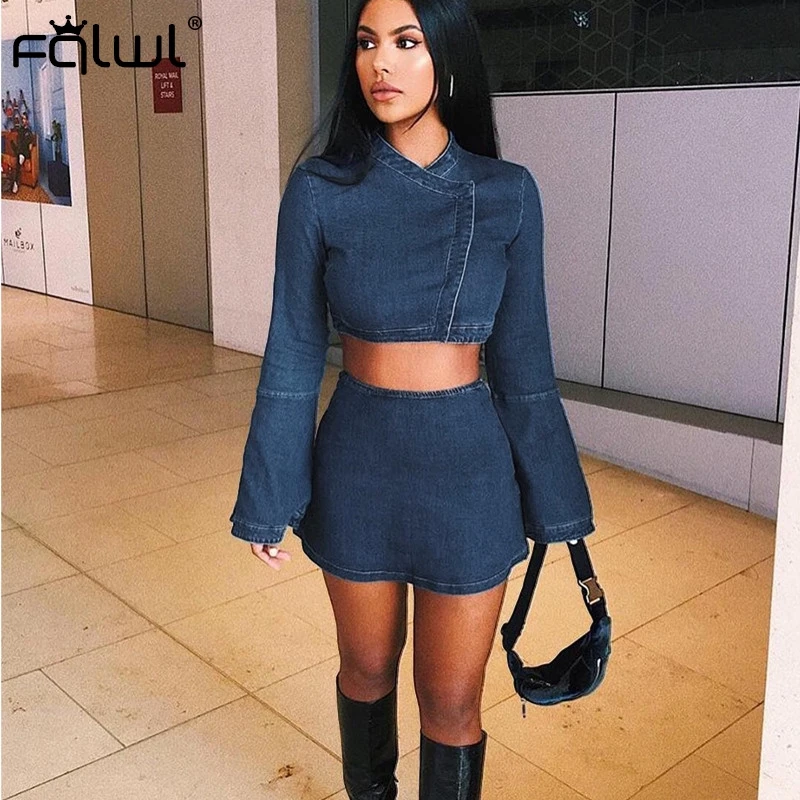 FQLWL джинсовые джинсы комплект из 2 предметов с юбкой короткий топ и юбка
