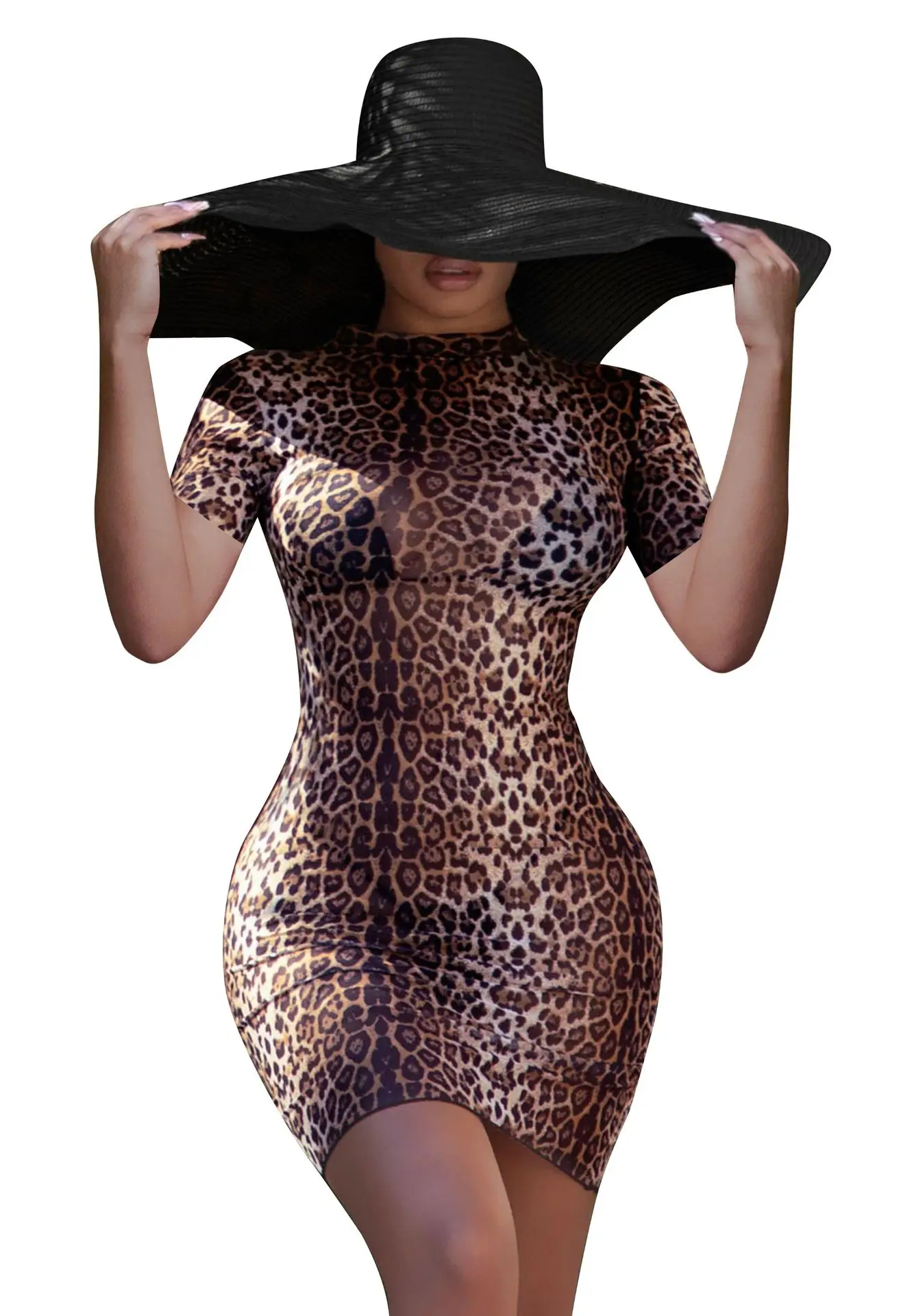 

Summer Sexy Leopard Printed Short Sleeve Bodycon Club Party Mini Dress