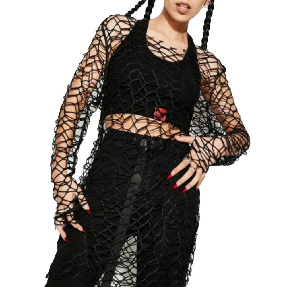 

High Street Solid Color Fashion Women's Hollow Out Perspective Beach Tops Round Neck Long Sleeve 2021 Summer New