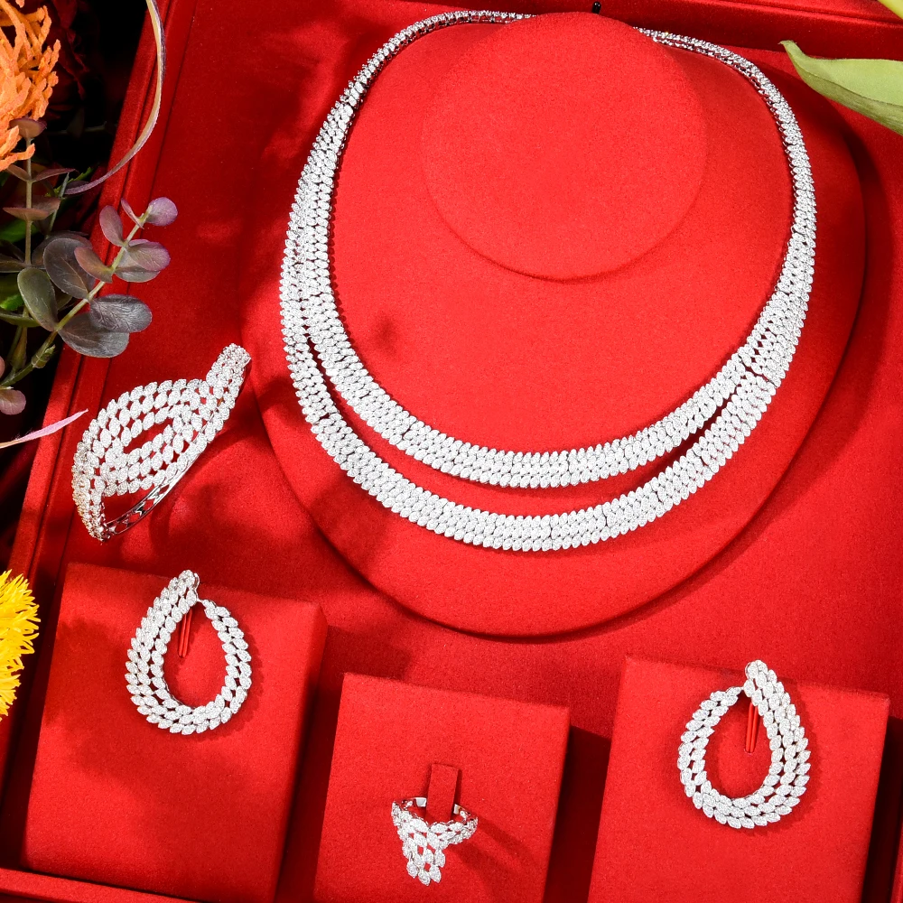 

Soramoore Luxury Double Layer Shiny 4PCS Necklace Earrings Bangle Jewelry Sets For Women Cubic Zircon Wedding Bridal Jewelry Set