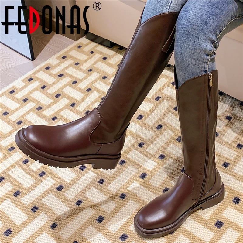 

FEDONAS Classic Retro Women Knee-High Boots Fashion Concise Genuine Leather Low Heels Shoes Woman Casual Autumn Winter Newest