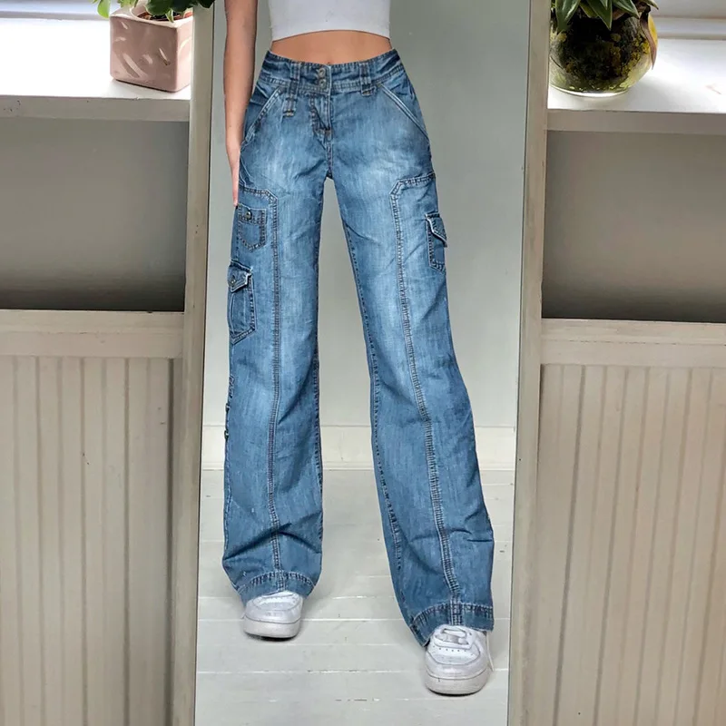 

Синие женские джинсы в уличном стиле, модные мешковатые брюки-карго в стиле пэчворк с карманами, летние брюки в стиле оверсайз, джинсовые бр...