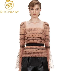 Женская свободная рубашка с квадратным вырезом, повседневная сетчатая блузка с расклешенными рукавами, уличная одежда, топы, весна-лето 2020