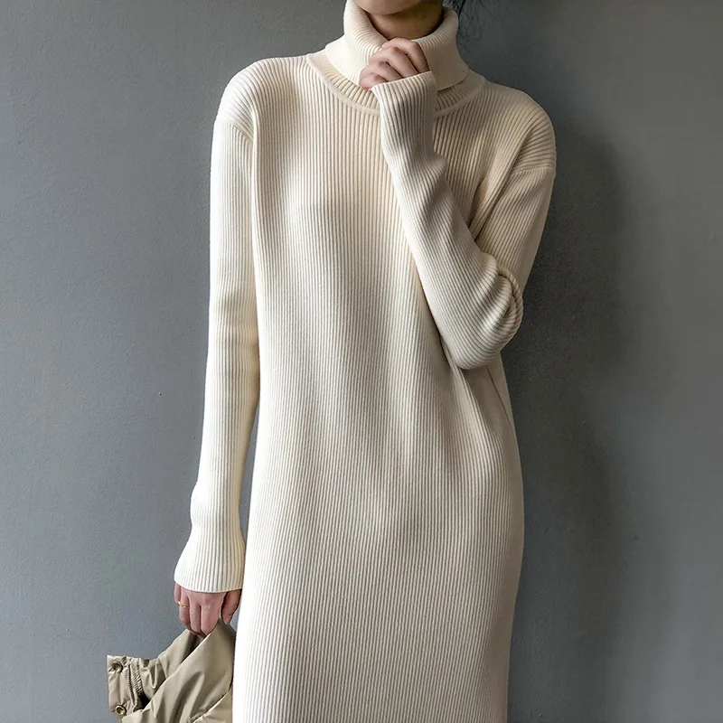 

2021 Autumn Winter Women Sweater Dress Warm Midi Korean Style Knitted Turtleneck Casual Long Sleeve Fashion