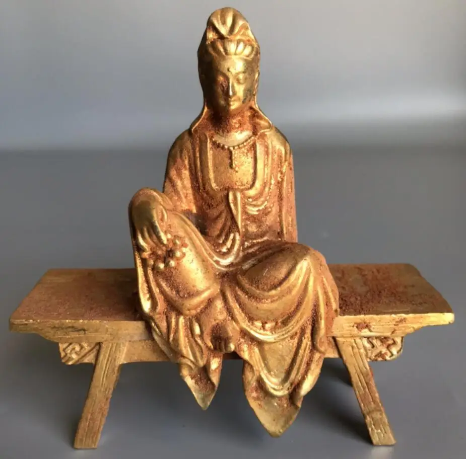 

China brass archaize sit Bench Guanyin Buddha crafts statue