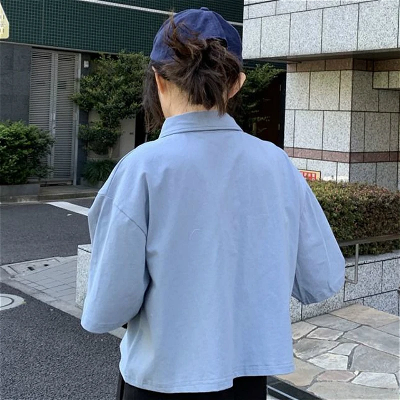 T-shirts Women Japanese Style Solid Cotton Summer All-match Preppy Girls Black Crop Top Chic Button Kawaii Street Ladies T Shirt | Женская