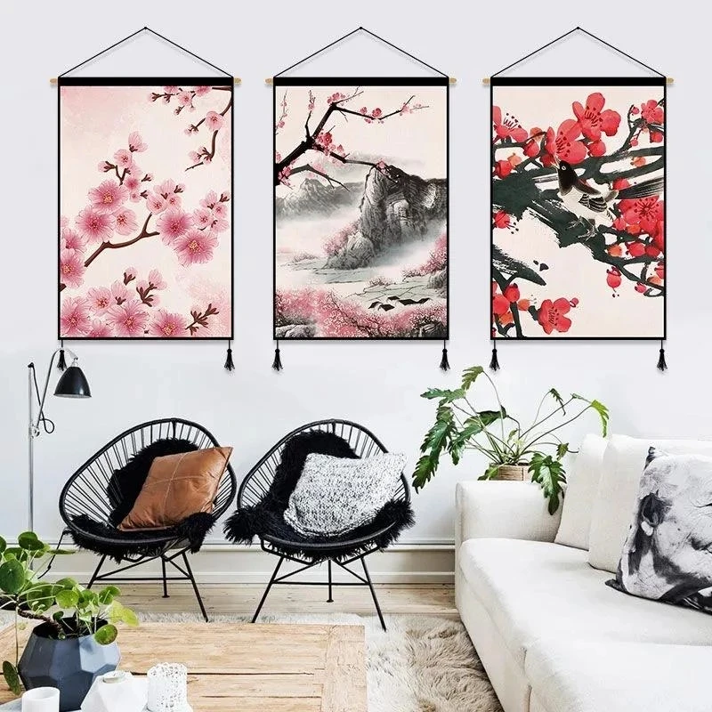Canvas Plum Blossom Hanging Scroll Painting Art Posters Landscape Painting Printed Wall Picture Hanging Tapestry Home Room Decor