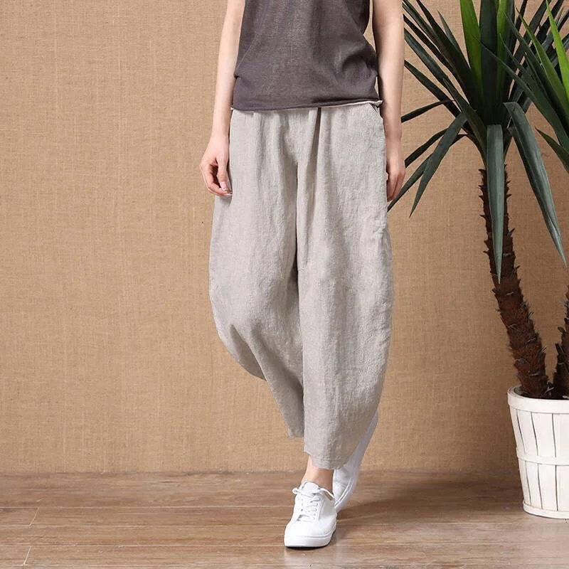 

Women's Cotton Linen Pants Elastic Waist Vintage Trousers Lady Loose Casual Pants Plus Size S-5XL Retro Trousers female