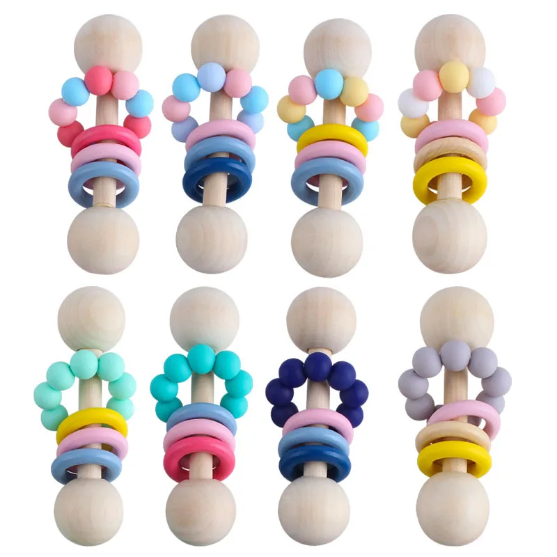 

1Pcs Beech Wood Baby Rattle Teether Silicone Beads Soother Teether Molar Toy Safe Musical Chew Montessori Toys For Newborn Gifts