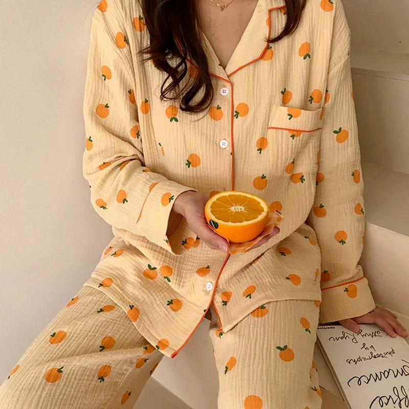 

Cotton Home Suits Korean Sleepwear Orange Print Pajamas for Women Autumn Pijama Pyjamas Long Sleeve 2 Piece Set Pjs Dropshipping