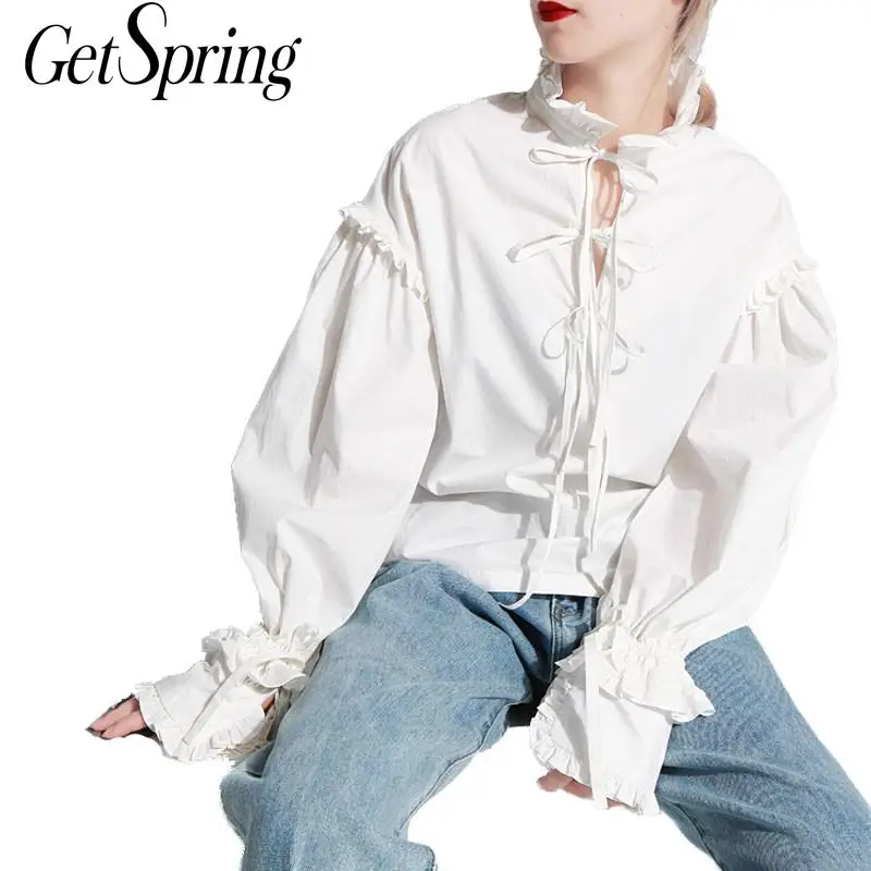 Женская блузка GetSpring белая рубашка из хлопка в стиле ретро с бантом и длинным