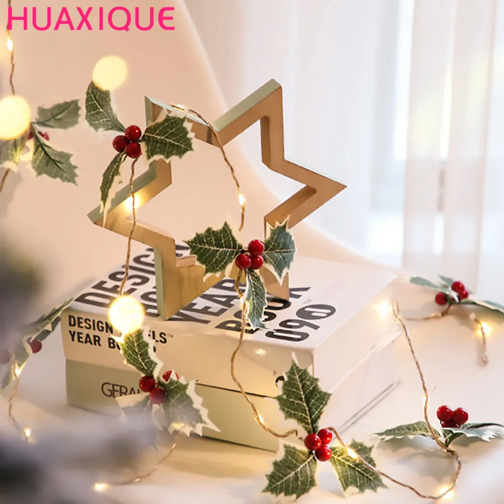 

DIY Christmas Tree Leaf Red Fruit Copper Wire Lamp Decoration String Lights Holiday Garland Supplies New Year Home Decoration