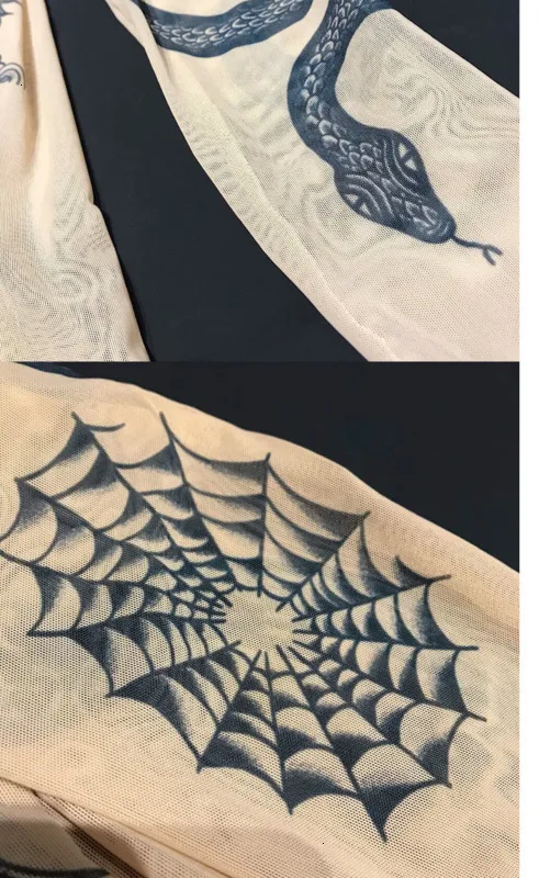Новинка осени, Модный женский базальный топ с принтом «Goddess Tatoo», длинные рукава, высокие обтягивающие воротнички, телесный цвет, Сетчатая футболка из пряжи F218
