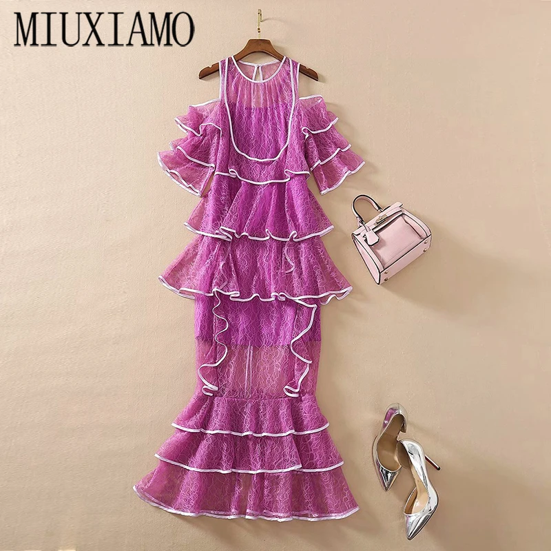 

MIUXIMAO 2021 Spring Newest Fashion Runway O-Neck Women Short Sleeve Lace Ruffles Printed Designer Long Cake Dress Vestidos