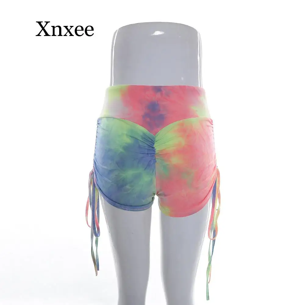 

Summer Fitness Women Shorts Tie Dyeing Elastic Waist Drawstring Ruched Push Up Skinny Casual High Waist Short Pants Women