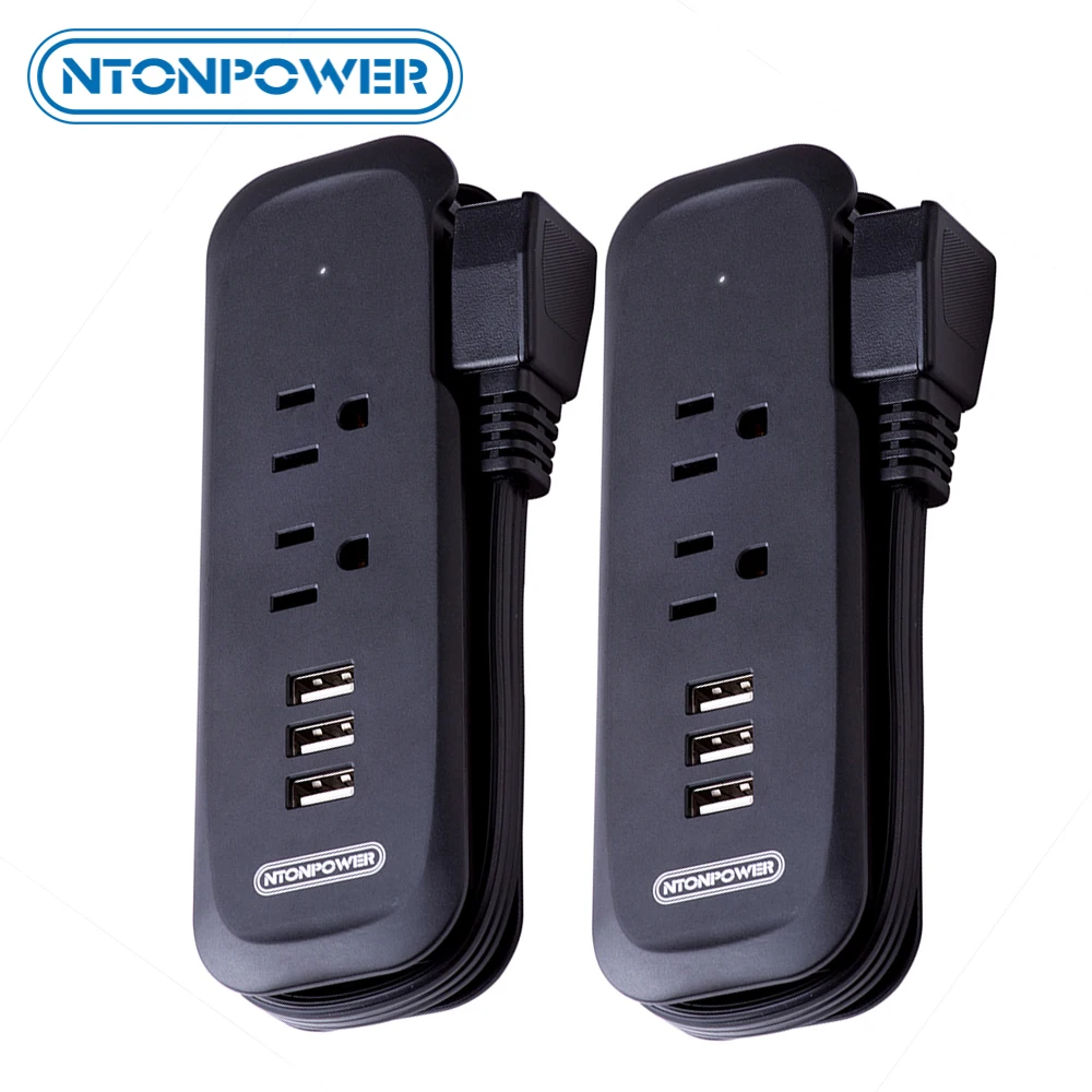 

NTONPOWER Short Power Strip with USB 2 Pack Travel Sockets with 15 inch Flag Plug Multi Outlet Plug US For Home/Travel/Dorm Room